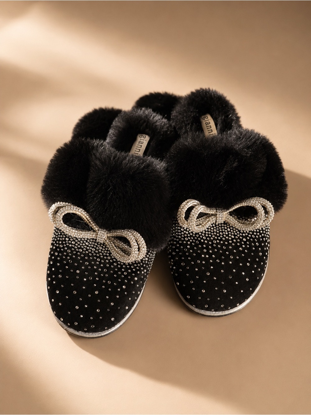 Gianni Bini Black Rhinestone Faux Fur Slippers Women's Size 7M Cozy Glam